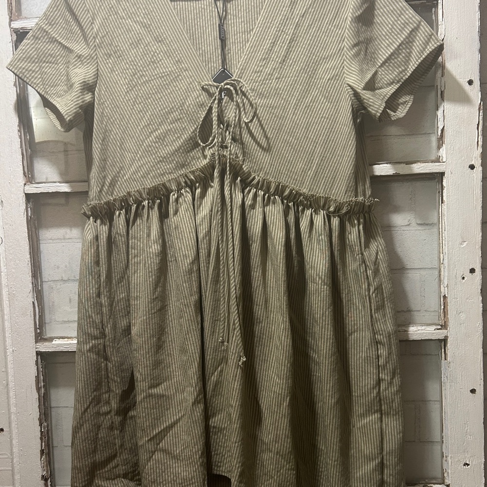 NWT ZAFUL Striped Lace-Up Babydoll Mini Dress Olive Green Small